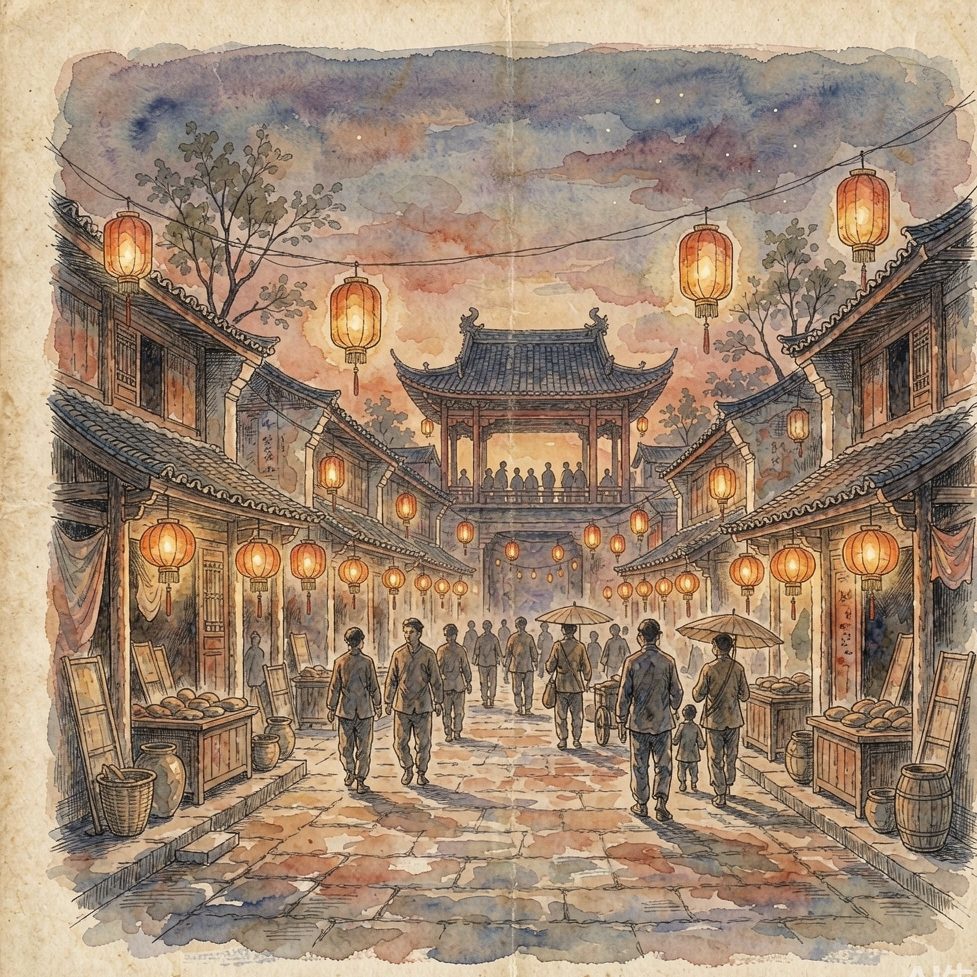 手绘老街灯笼灯火