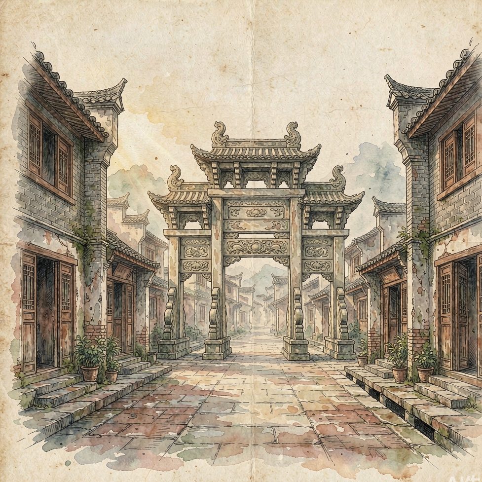 手绘题名牌坊老街