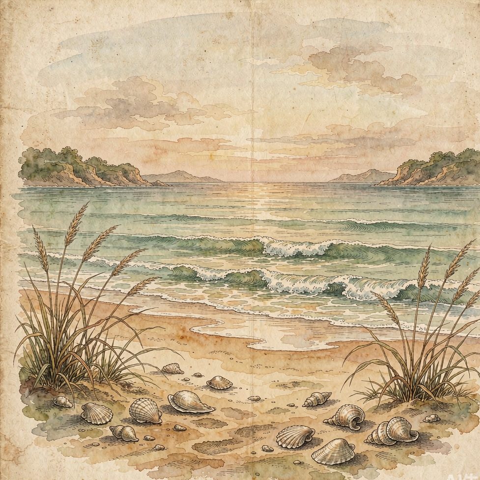 手绘金沙滩海浪贝壳