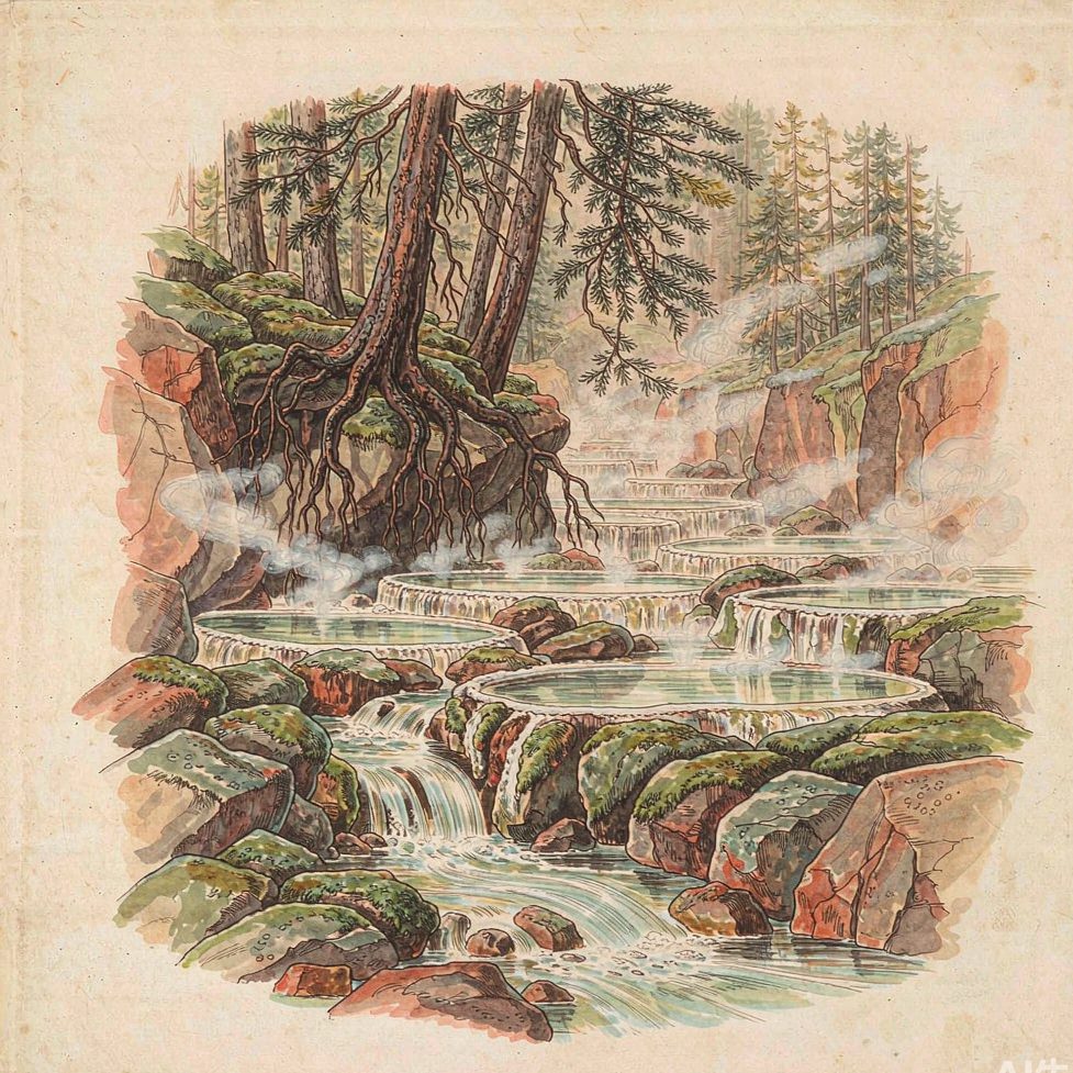 手绘温泉梯池蒸汽